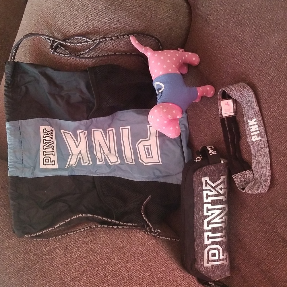 PINK by Victoria Secret Drawstring pack, Headband,small bag and plush logo dog